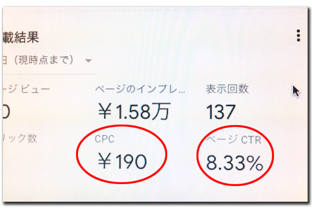 アドセンスでページCTR8.33％・CPC190円という高クリック率・高CPCを達成したときの画像